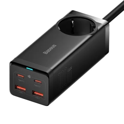 Мережевий фільтр Baseus GaN3 Pro 100W (AC(EU)+2 USB+2 Type-C )  + Кабель Type-C to Type-C 100W(20V/5A) (1m) black