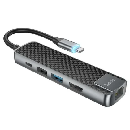USB Хаб Type-C(PD) HUB HOCO HB24 Easy display Type-C multi-F adapter(HDMI+USB3.0+USB2.0+SD+TF+PD) Metal Gray