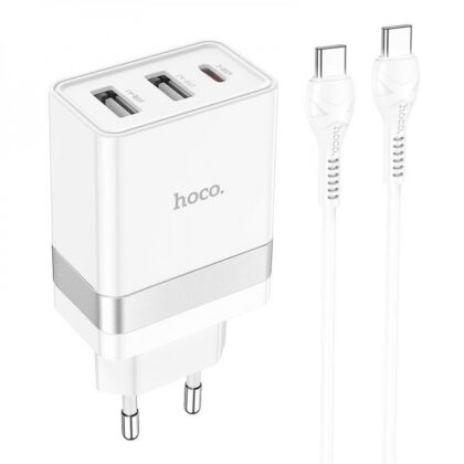 Мережевий зарядний пристрій Hoco N21 Pro Tourer 30W (2xUSB + Type-C) + Кабель Type-C to Lightning white