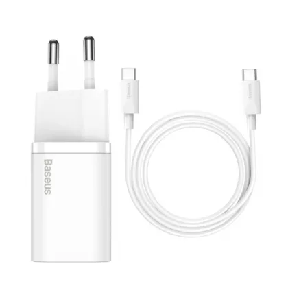 Мережевий зарядний пристрій Baseus Super Si Quick Charger 1C 25W EU Mini White + Cable Type-C to Type-C 3A 1m